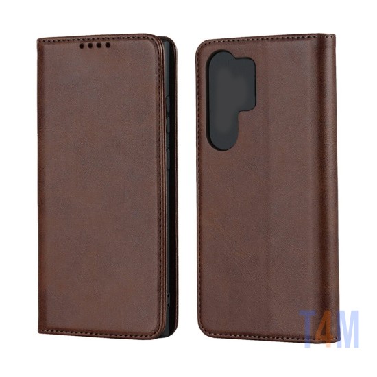 Funda Abatible de Cuero con Bolsillo Interno para Samsung Galaxy S23 Ultra Marrón